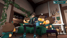 a man sits on a couch surrounded by stuffed animals and a sign that says # gb3d on it