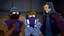 a group of cartoon characters with one wearing a hoodie with the letter s on it
