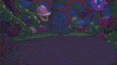 a cartoon drawing of a blue flower with a purple flower behind it