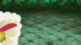 a cartoon character is standing on a cobblestone street