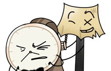 a cartoon drawing of a clock holding a piece of paper that says ' lxd ' on it