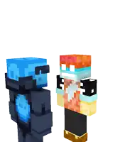 two minecraft characters standing next to each other with one wearing a blue helmet