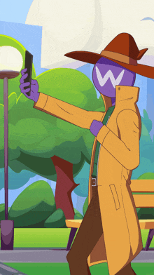 a cartoon character with a w on his head is taking a picture of himself
