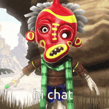 a cartoon character with a red mask and a green scarf says hi chat