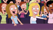 a group of cartoon characters are sitting in a theatre laughing