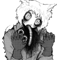 a black and white drawing of a person with a gas mask on