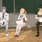 a group of anime characters are sitting in chairs in front of a chalkboard