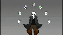 a cartoon of a man surrounded by blue hands