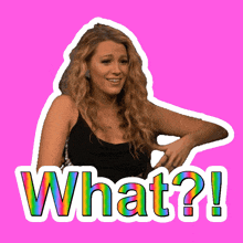 a sticker of a woman with the word what written on it