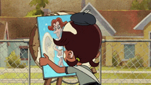 a cartoon character is holding up a painting of a woman on an easel