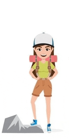 a woman with a backpack is standing next to a rock .