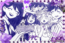 a drawing of a group of anime characters with purple flowers and the word fpc on the bottom