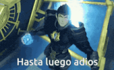 a video game character with the words hasta luego adios written below him