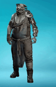 a man with a pig mask on his face and a robot arm