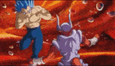 a cartoon of a man with blue hair fighting another man with red hair .