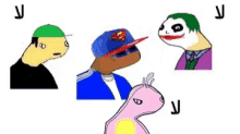 a group of cartoon characters are standing next to each other wearing hats .