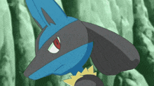 a blue and black cartoon character with a red eye and a yellow collar