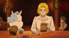 a man and a unicorn are sitting at a table drinking from mugs