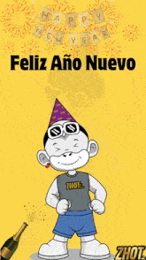 a happy new year greeting card with a monkey wearing a party hat and sunglasses