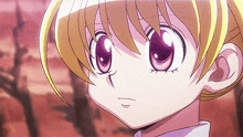 a close up of a cartoon character with purple eyes