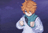 a boy with orange hair and blue eyes is wearing a scarf around his neck and a white jacket