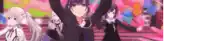a group of anime girls are dancing together in a room .