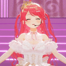 a girl with red hair wearing a white dress and a tiara