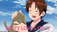 a cartoon of a boy holding a cat with the words zesty loves italy above him