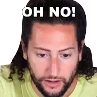 a man with curly hair and a beard is wearing a green shirt and has the words oh no on his forehead .