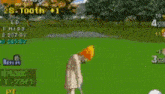 a video game character named birdie is standing on a green field .