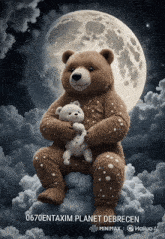 a teddy bear sitting on a cloud holding a smaller teddy bear