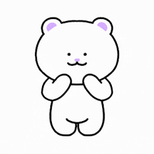 a white teddy bear with purple ears and a pink nose is standing with its hands on its hips .