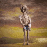 a cartoon character with dreadlocks is standing on a beach with a sunset in the background