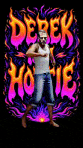 a man in a tank top is dancing in front of a sign that says derek home