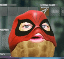 a screenshot of a video game with a peanut in a red mask