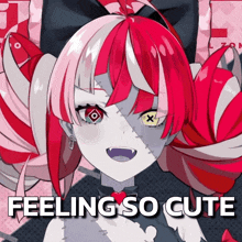a picture of a girl with red and white hair and the words feeling so cute