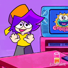 a cartoon character is standing in front of a television that says cooler on it