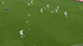 a soccer player kicking a ball in front of a yellow and black team