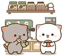 two cats are standing next to each other in a coffee shop .