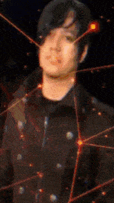 a man in a black jacket is surrounded by a network of lines and dots