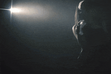a silhouette of a woman in a dark room holding a light