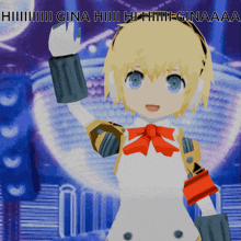 a cartoon girl with headphones and a red bow says hi gina hi hi hi ginaaaa