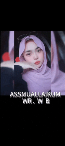 a woman wearing a purple hijab with the words assmuallaikum wr wb on the bottom