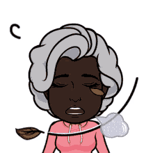 a cartoon drawing of an elderly woman with a yellow eye