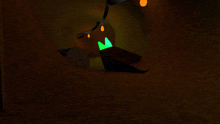 a computer generated image of a dark cave with a green light