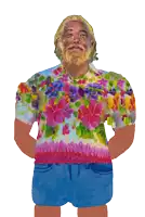 a painting of a man with a beard wearing a colorful shirt