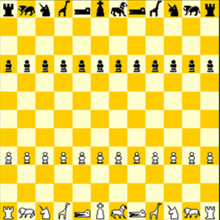 a yellow and white chess board with black pieces