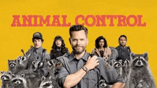 a man is standing in front of a group of raccoons in a movie poster .