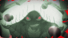a drawing of a monster with red eyes and a green body