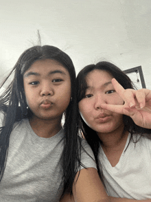 two girls are posing for a picture and one of them is giving a peace sign